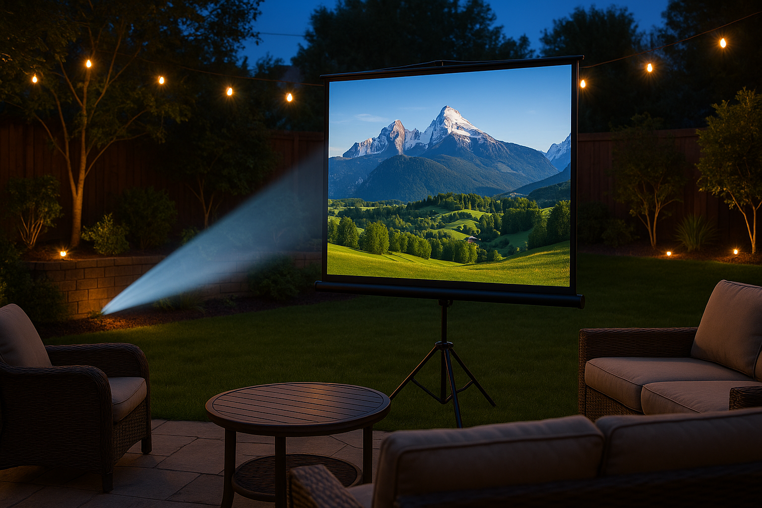 make the projector not in sight but the beam of whatever its displaying is. Make the scene in a backyard 